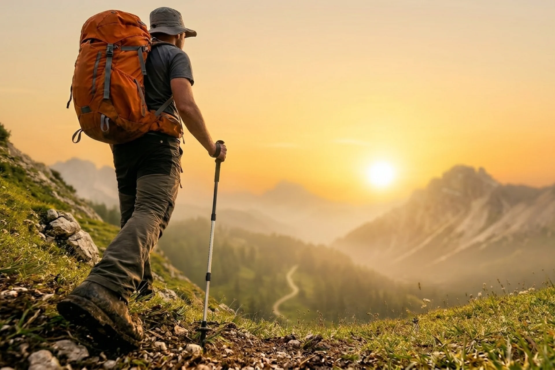 Lone hiker walking at sunrise.