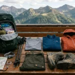 Assortment of essential hiking clothes.