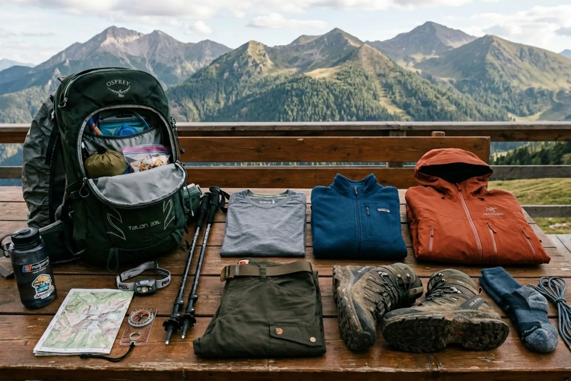 Assortment of essential hiking clothes.