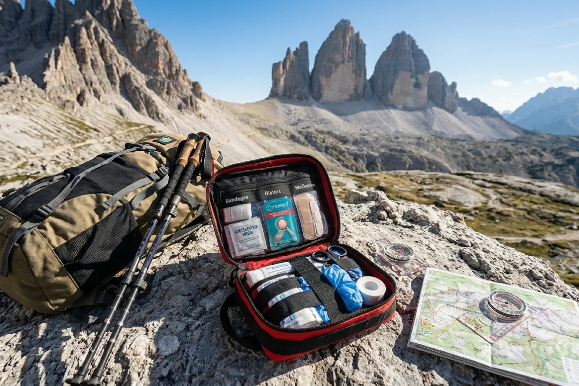 Essential first aid kit for hiking the Dolomites.