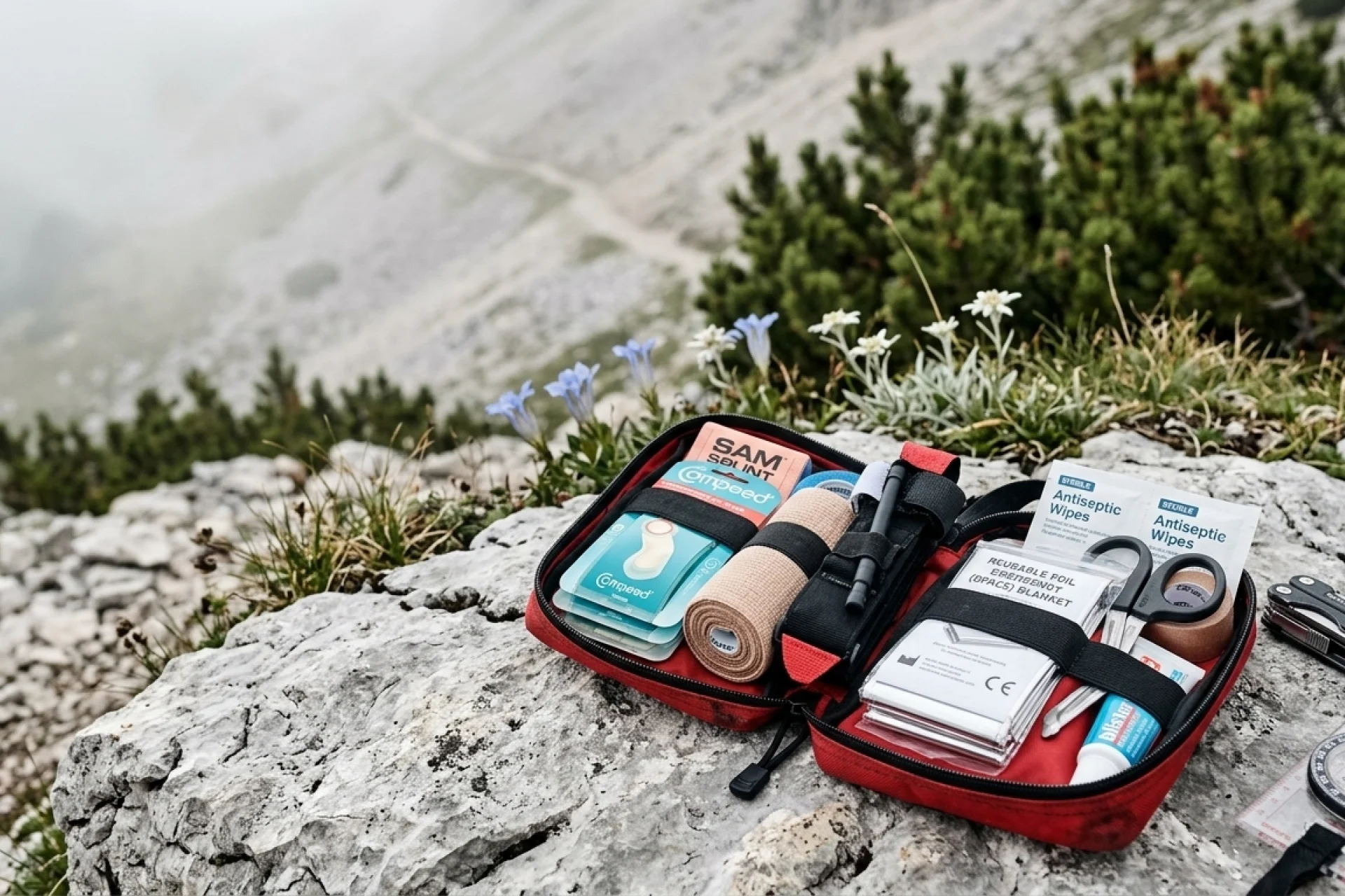 First aid kit for hiking in the mountains.