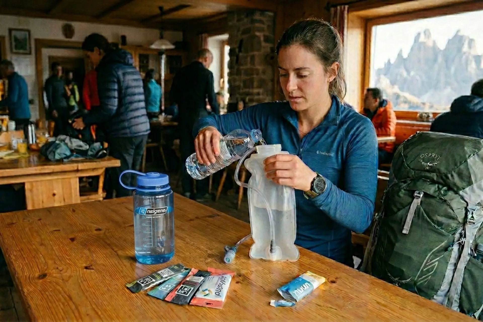 Hiker preparing water for the day before leaving the rifugio.
