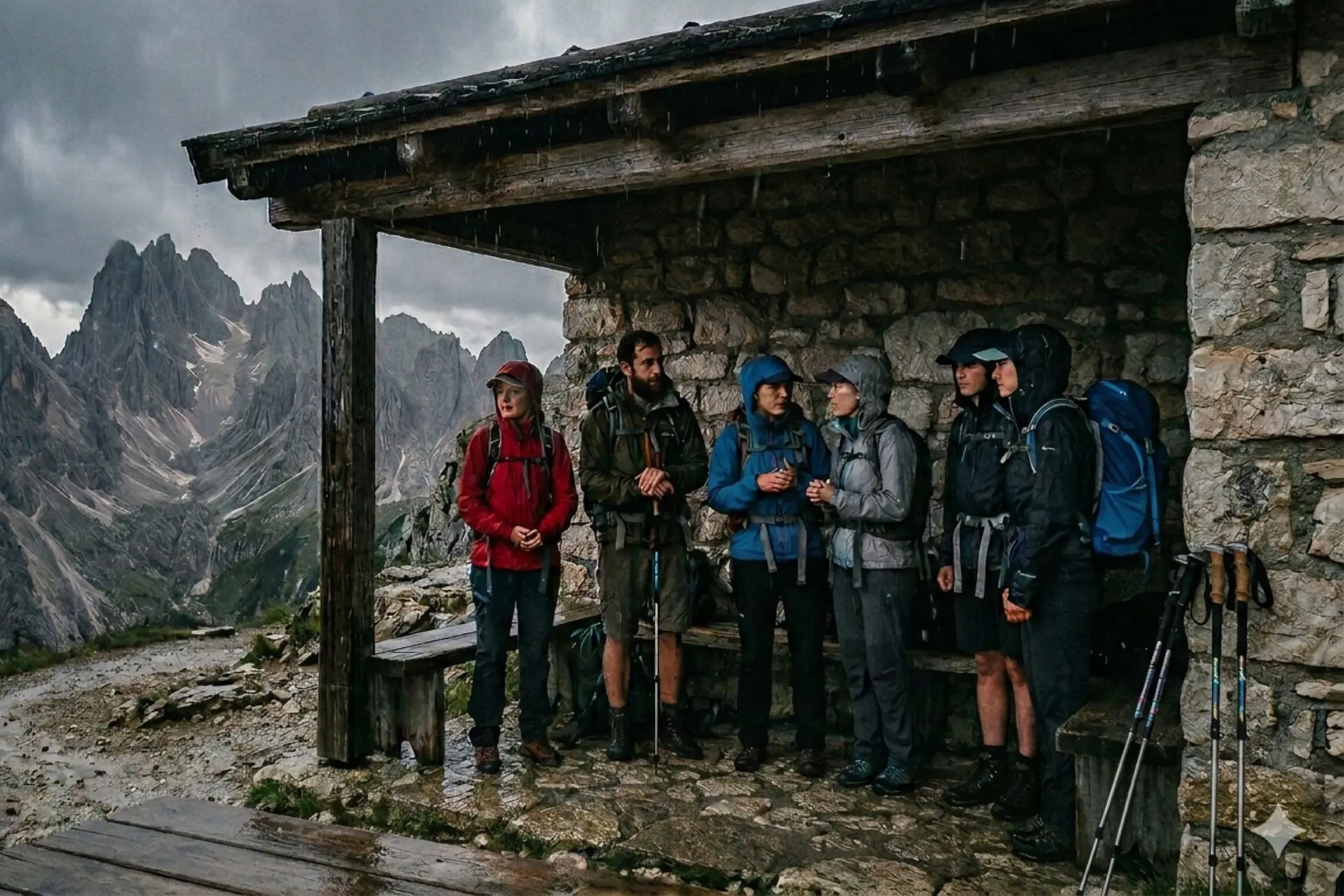 Hikers waiting out an afternoon storm in the Dolomites.