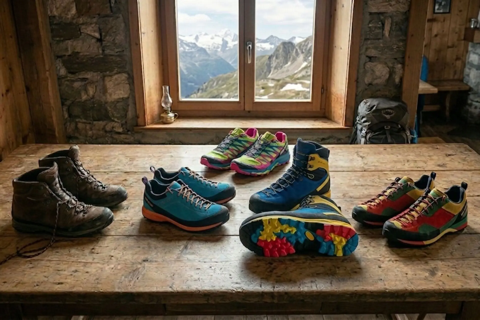 Various hiking boots and shoes.